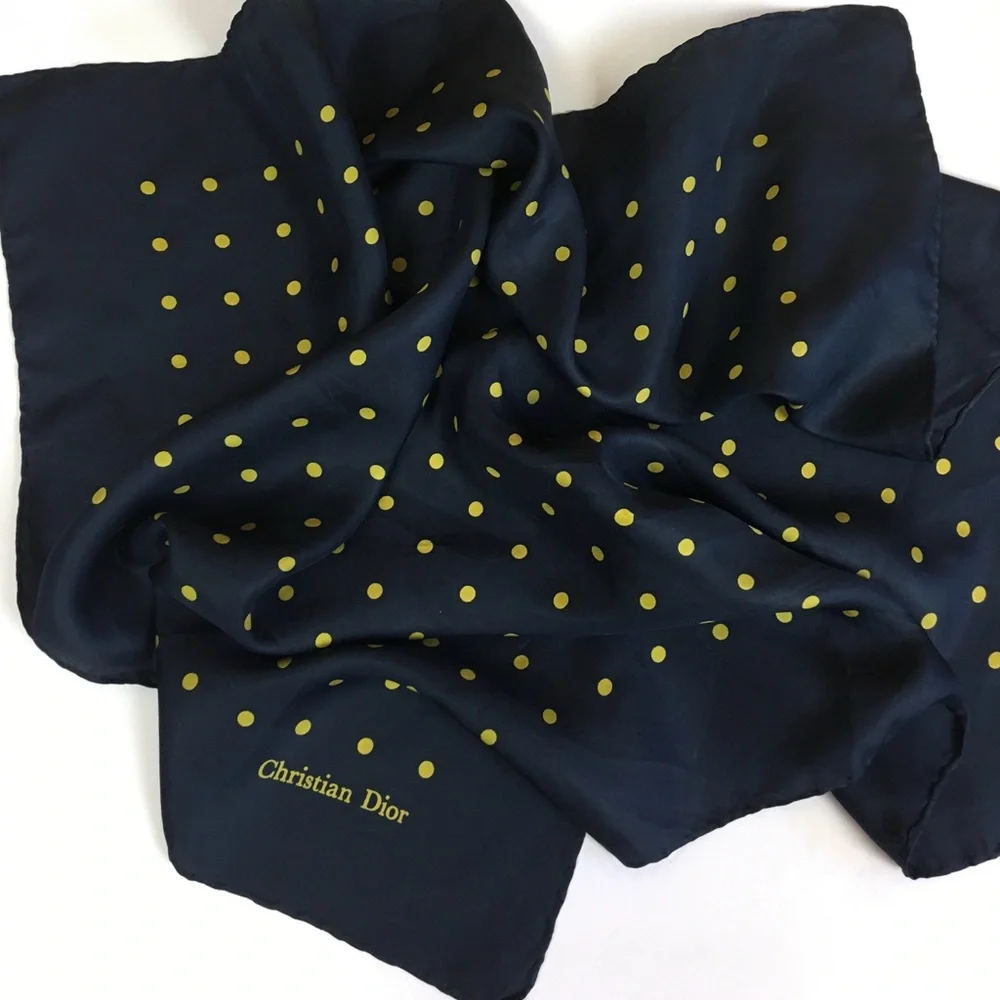 Authentic Christian Dior Silk Scarf - Navy Blue /Yellow Polka Dots Timeless